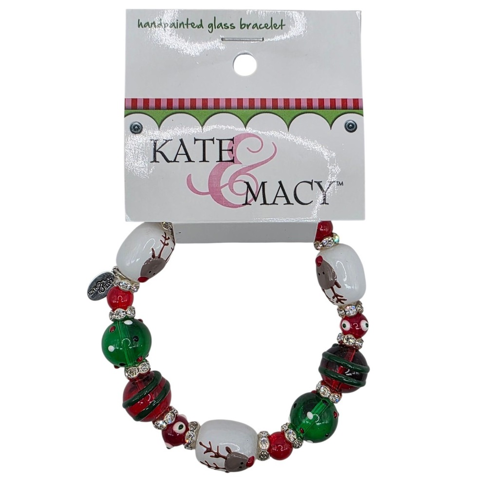 Kate & Macy Bracelet Glass Beads Christmas-Themed Hand Painted Stretch NEW